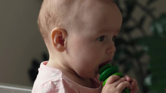 Close up portrait of cute 6-7 month old baby biting green silicone teether toy. Teething relief, itchy gums, first teeth symptoms, and infant care