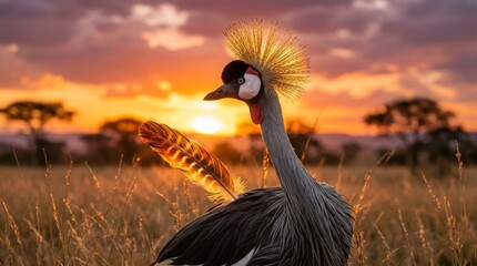 Obraz premium Majestic crowned crane silhouetted against golden savanna sunset.