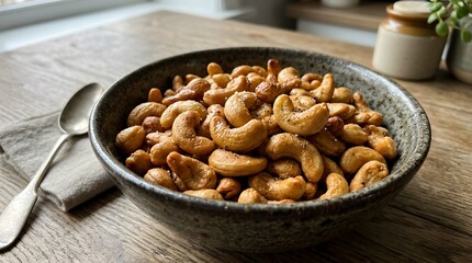Fototapeta premium Roasted cashew nuts in a dark ceramic bowl on a rustic wooden table with a silver spoon