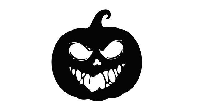 Black silhouette of a carved pumpkin with scary grinning face jack o lantern silhouette halloween seasonal celebration frightening illustration isolated background minimalist