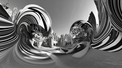 Obraz premium 360 degree panorama view.A 3D image shows a swirling black and white design, like a virtual reality scene you can look all around in.
