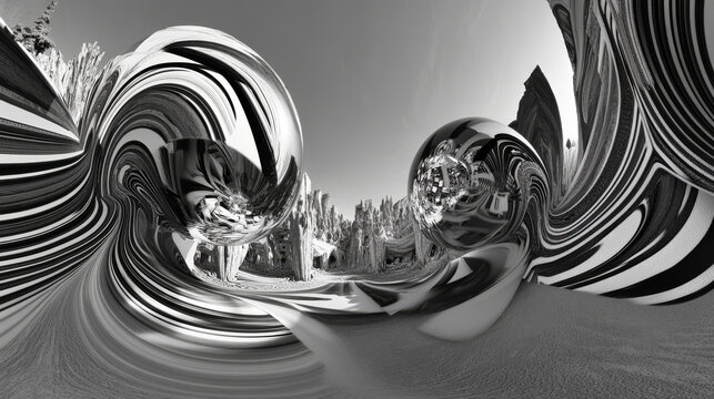 360 degree panorama view.A 3D image shows a swirling black and white design, like a virtual reality scene you can look all around in.