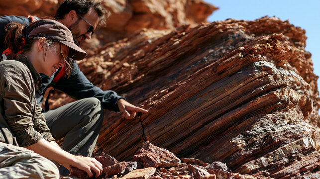 Beside a safe roadside rock outcrop, an adult geology instructor points along a tilted geological seam while an adult learner compares loose stone samples at its base. The exposed