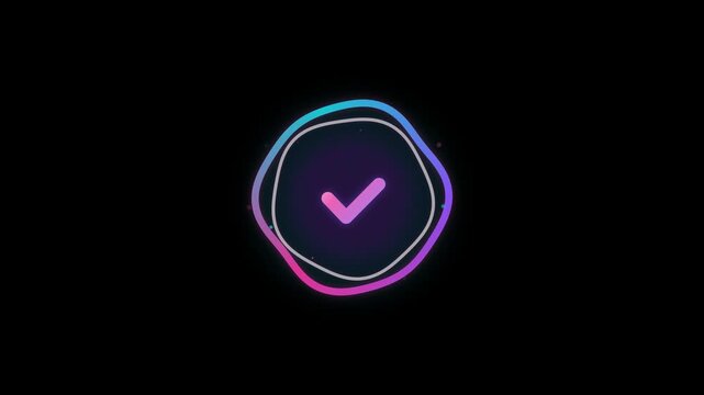 Animated gradient liquid check mark icon enclosed by dynamic fluid wave rings in vibrant violet, pink, and cyan colors on transparent alpha channel. 