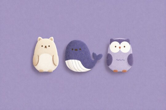 Three felt owls sitting next to each other on a purple background. the owls are in different colors with one being white one being blue and one being purple.