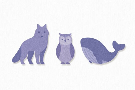Three purple owls and a whale on a white background. the owls are made of paper cutouts giving them a and eyecatching look.