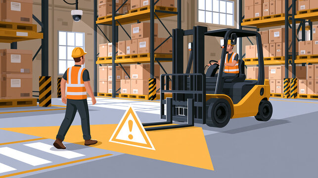 A forklift has stopped just before a vivid projected warning zone while an adult warehouse worker crosses the marked pedestrian route beneath an overhead safety camera. The adult