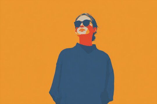 A man wearing a blue sweatshirt and sunglasses against an orange background. he has a serious expression on his face and his eyes are focused intently on something in the distance.