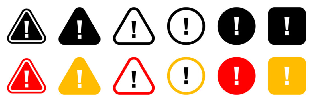 Warning alert exclamation icon set with triangle circle and square symbols for caution, danger, notices, safety alerts, error messages and interface design.
