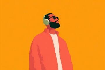Fototapeta premium A man with a beard wearing a pink jacket and headphones standing against an orange background.