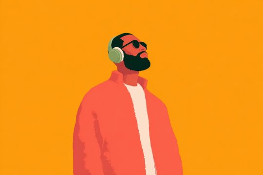 A man with a beard wearing a pink jacket and headphones standing against an orange background.