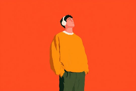 A man wearing a yellow sweater and green pants with headphones on standing against an orange background.