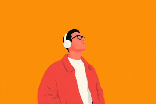 A man wearing a red jacket and headphones with an orange background. he is wearing glasses suggesting he is listening to music.