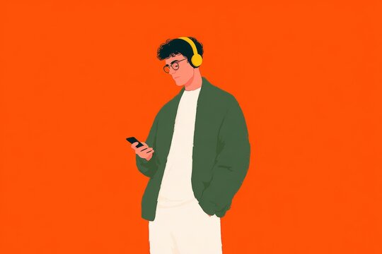 A man wearing a green jacket and white pants with a pair of headphones on his head and a mobile phone in his hand. the background is an orange color suggesting that the man is listening to music.