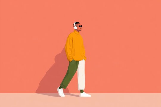 A man in a yellow sweater and green pants standing in front of an orange background. he is wearing a pair of headphones suggesting he is listening to music.