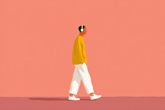 A man in a yellow shirt and white pants with headphones on