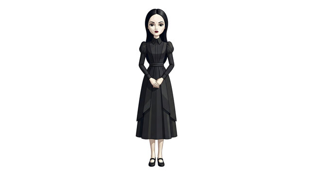 Gothic woman character in black long sleeve victorian dress standing with hands crossed suitable for spooky graphic designs and dark lifestyle concepts.