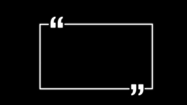 Square quote box icon animation. Rectangular quote mark graphic animation. Animated square quote frame design for textual quotation, paraphrasing, or text spoken by on black background.