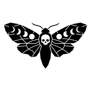 Black and white vector silhouette icon of a mystical death head moth with geometric moon phases on its wings