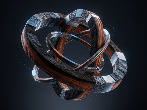Abstract interlocking orbital ring structure composed of stone metal and wood elements for tech design.