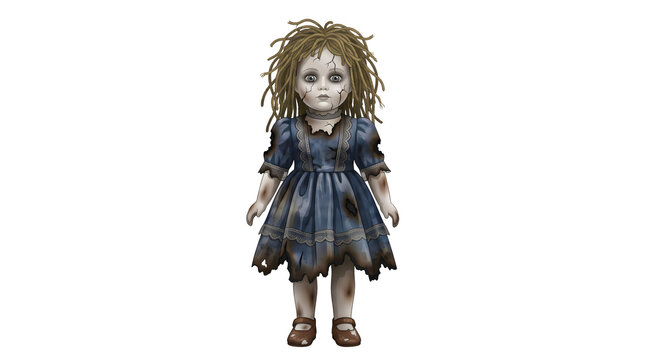 Horror antique porcelain doll with tangled hair and cracked face wearing a dirty blue dress, isolated on transparent background.