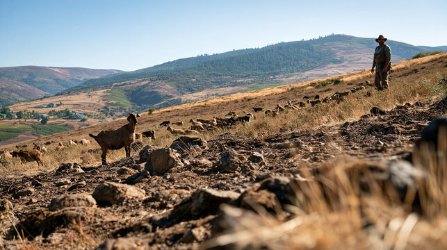 A herd of goats grazes through a broad strip of dry hillside brush as one adult herder stands beside the clearly cleared boundary below distant rural homes. The low-angle