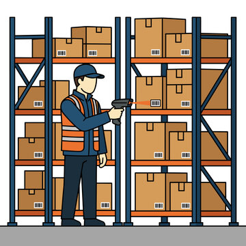 Warehouse worker scanning barcodes on inventory shelves with handheld scanner, flat color blocks, logistic storage concept
