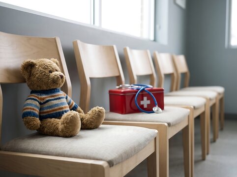 Comforting Teddy Bear on Chair with First Aid Kit and Stethoscope in Clinic Waiting Room: Pediatric Healthcare and Child-Friendly Medical Appointment Concept for Kids and Toddlers