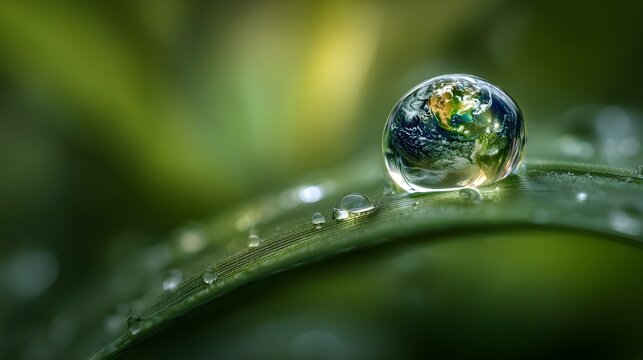 clear dew droplet on blade of grass showing globe reflection and bokeh