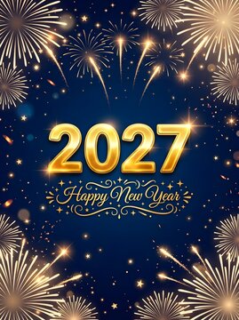 Premium 2027 Happy New Year portrait poster featuring metallic gold numbers, sparkling fireworks, lights, and stars frame on dark blue background.