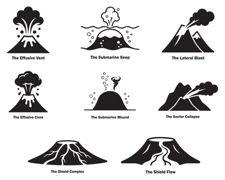 Volcano Eruption Icon Set &ndash; Volcanic Activity, Lava Flow, Submarine Vent and Mountain Silhouette Icons, Volcano Eruption and Volcanic Landform Black Silhouette Icon Collection