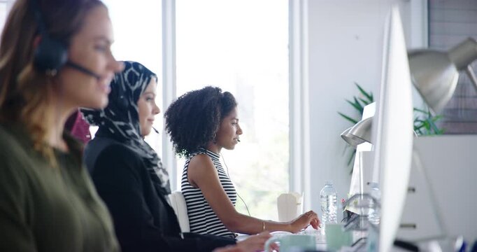 Help, computer and manager with people in call center for contact us, consulting and faq support. Coworking, training and workers on tech for customer service, telecommunication or virtual assistance