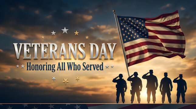 Veterans day background with silhouettes of soldiers saluting the american flag against a beautiful golden sunset sky