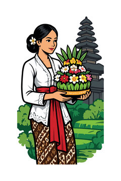 Balinese woman in white kebaya carrying traditional offering gebogan to temple, Bali culture vector