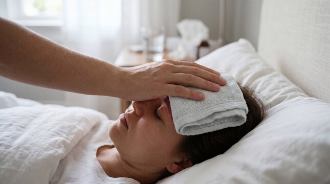 Sick young woman lying in bedroom bed with wet cold compress cloth on forehead, caring hand placing soothing towel on feverish female patient. Home nursing fever healthcare treatment setting.