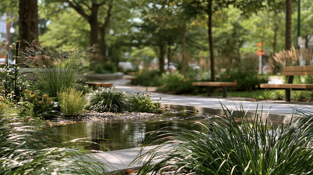 After heavy rain, fresh stormwater fills a planted basin below grade in an unoccupied urban neighborhood park, while the elevated path and surrounding benches remain dry and