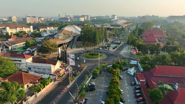 Elevated aerial view along UGM Boulevard and surrounding Yogyakarta city