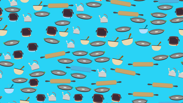 Kitchenware pattern with rolling pins, kettles, and pans