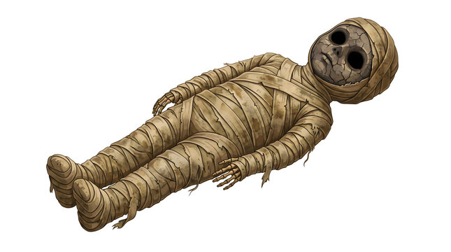 Mummy doll with tattered bandages and cracked face lying down for horror themes and spooky decor isolated on transparent background.