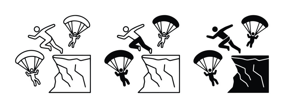 Parachuting Icons Set, Extreme Sports, Adventure, Skydiving, Cliff Jump, Vector Graphics