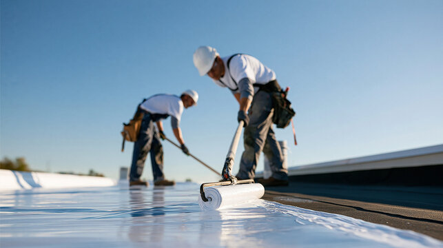 Two adult roof workers roll reflective white coating across a flat apartment roof, creating a sharp visible boundary between the bright treated surface and the untreated section.