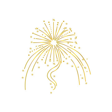 Gold fireworks or starburst design with sparkling stars and confetti isolated on transparent background