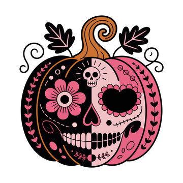 Pink and black sugar skull pumpkin Day of the Dead Halloween design