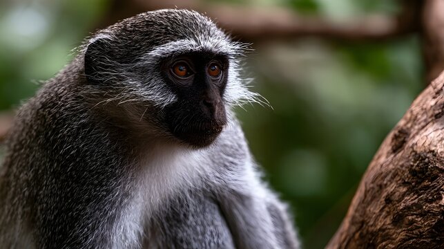 A close up of a monkey with gray fur and orange eyes  sitting near a tree trunk in a forest setting