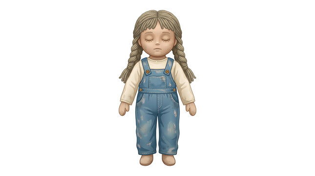 Rag doll with blonde braided hair wearing denim overalls isolated on white for kids themed graphic design and soft toy illustration projects concept art.