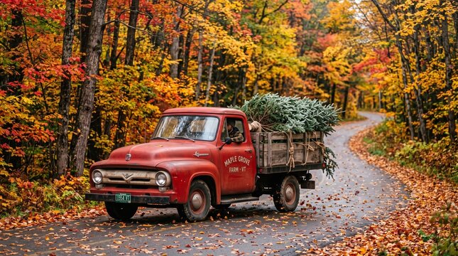Vintage red pickup truck carrying a pine tree on a winding autumn road surrounded by colorful fall foliage