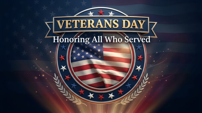 Veterans day graphic design featuring a patriotic american flag emblem and the text honoring all who served