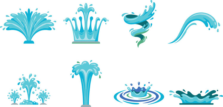 Vector Water Splash and Fountain Jets Set Isolated on White Background for Animation and Design
