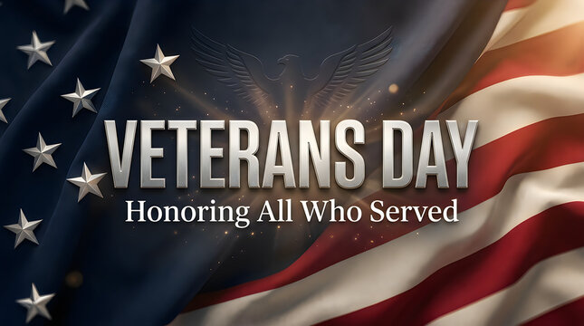 Veterans day banner with text honoring all who served against a background of the american flag