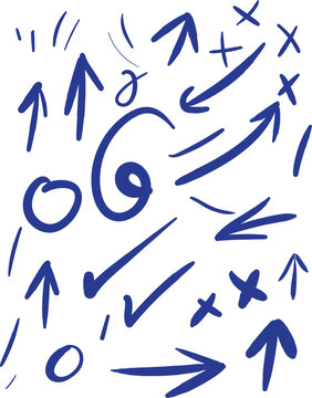 Hand Drawn Blue Arrows, Curves and Abstract Doodle Elements